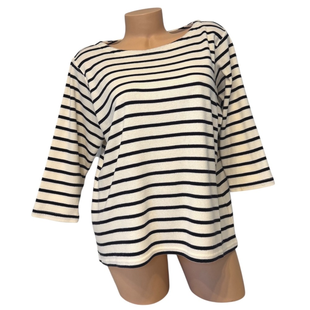 LL Bean Womens Size XL Petite‎ Striped Boatneck Top Cream Navy Blue 3/4 Sleeve